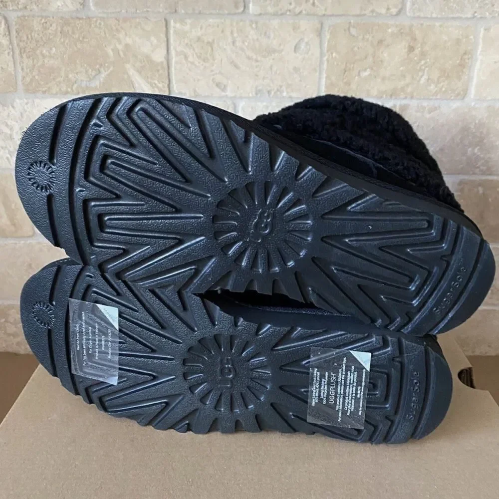 UGG BLACK MINI UGG BRAID SUEDE/ SHEEPSKIN WINTER BOOTS, WOMEN US 7/ EUR 38 NIB